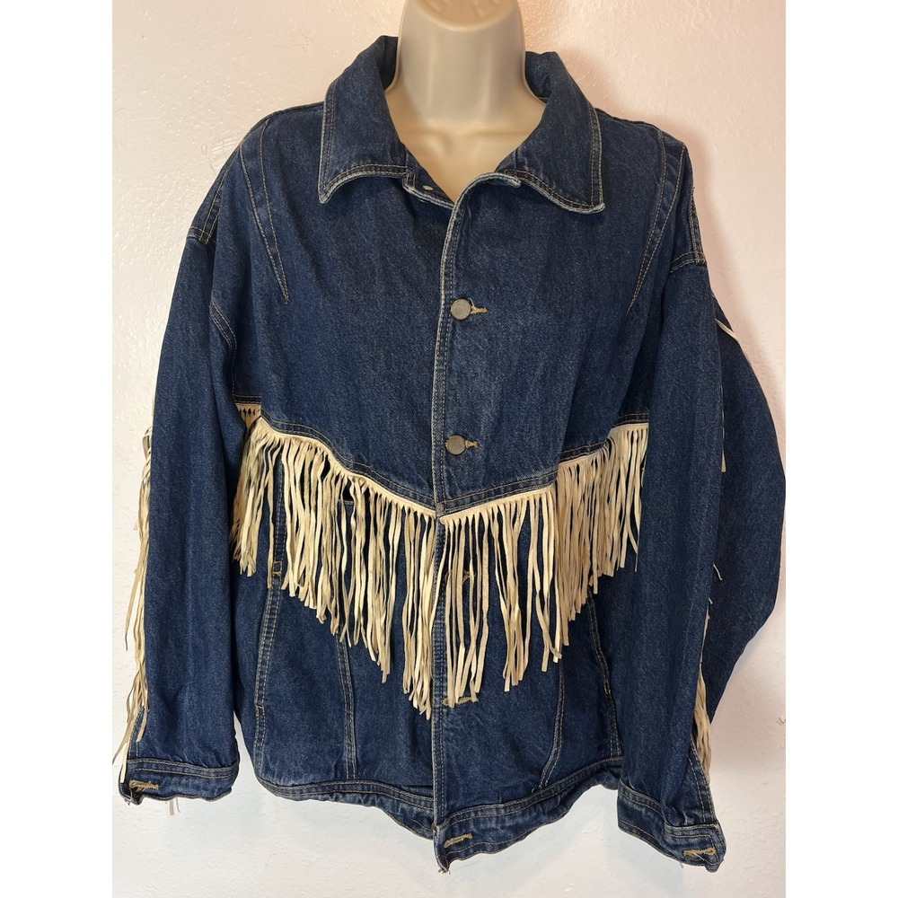 Vintage ABS Women Denim Western Fringe Jacket Long Sleeve Blue/Cream Size Med